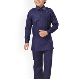 ahhaaaa Boys Navy Blue Solid Kurta with Trousers-picture-29