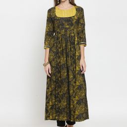 Indibelle Women Mustard Yellow & Black Printed Kurta with Trousers-image-25