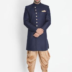 VASTRAMAY Men Navy Blue & Gold-Toned Sherwani Set-picture-46