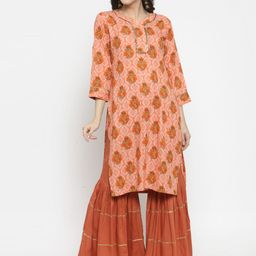 Indibelle Women Peach-Coloured & Rust Brown Printed Kurta with Palazzos-46