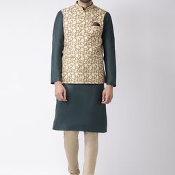 KISAH Men Beige & Grey Printed Kurta with Churidar & Nehru Jacket-11