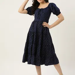 Rue Collection Geometric Print Tie-Up Neck Puff Sleeve Crepe Fit & Flare Midi Dress-image-34
