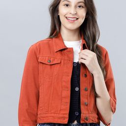 Tokyo Talkies Women Rust Orange Solid Crop Denim Jacket-picture-56