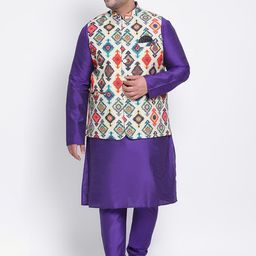 Hangup Men Purple Regular Straight Linen Kurta with Chudidar & Nehru Jacket-1