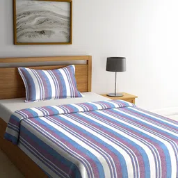 KLOTTHE Purple & White Striped Cotton Single Bed Cover With 1 Pillow Cover-image-38