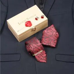LOUIS STITCH Men Wine Red Italian Silk Necktie Accessory Gift Set-image-93