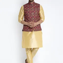 Benstoke Men Gold-Toned & Pink Solid Kurta with Churidar-picture-18