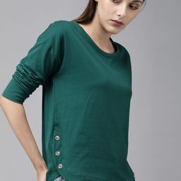 Roadster Women Green Solid Pure Cotton Top with Button Details on Side-image-12