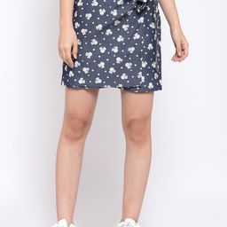 Zastraa Women Blue & White Minie Mouse Print Pure Cotton Denim Wrap Skirt-image-66