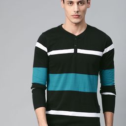 Roadster Men Black  Teal Blue Striped Henley Neck Pure Cotton T-shirt-image-17