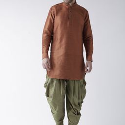 DEYANN Men Rust & Green Solid Kurta with Dhoti Pants-picture-13