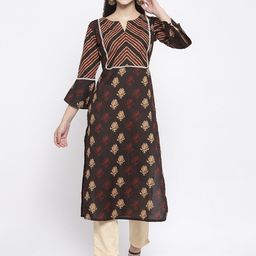 Indibelle Women Coffee Brown Ethnic Motifs Printed Bell Sleeves Kurta-image-132