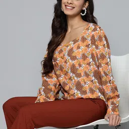 HERE&NOW Floral Print Puff Sleeves Sweetheart Neck Longline Top-31