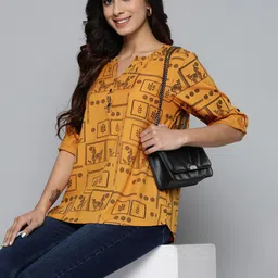 HERE&NOW Printed Mandarin Collar Roll-Up Sleeves Bohemian Longline Top-picture-18