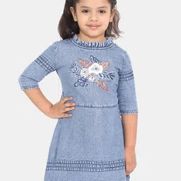 Naughty Ninos Girls Blue Embroidered Denim Fit and Flare Dress-image-6