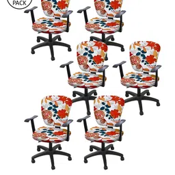 Cortina Set of 6 White & Orange Floral Printed Chair Covers-image-88