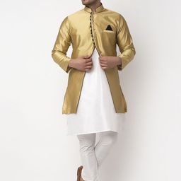 Benstoke Men White & Gold-Coloured Self-Design Sherwani Set-47