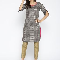 AURELIA Women Grey & Golden Printed Straight Kurta-image-66