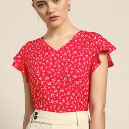her by invictus Coral Red & White Floral Print Flutter Sleeves Top-picture-14