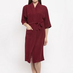 ELEVANTO Women Maroon Solid Bath Robe-image-15