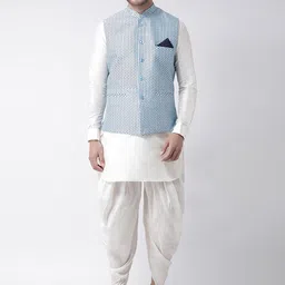 DEYANN Men Off-White & Blue Solid Kurta with Patiala and Nehru Jacket-picture-8