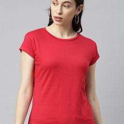 Bushirt Women Red Pure Cotton Solid Round Neck T-shirt-image-67