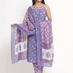ANAISA Women Purple Ethnic Motifs Printed Pure Cotton Kurta with Trousers & With Dupatta-image-31
