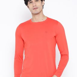 Chkokko Men Coral Orange Solid Round Neck T-shirt-image-105