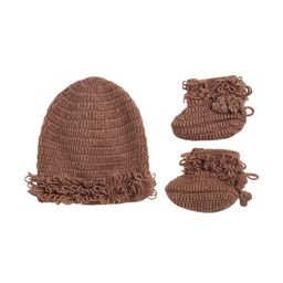 CHUTPUT Unisex Kids Brown Solid Beanie Cap & Socks-14