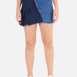 The Dry State Women Blue Colourblocked A-Line Mini Denim Skirt-image-81