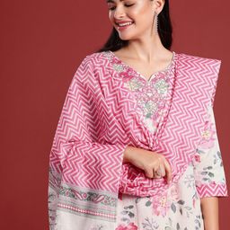Anouk Floral Printed Mirror Work Pure Cotton Kurta with Trousers & With Dupatta image 5