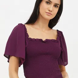 Harpa Maroon Square Neck Smocked Top-image-55