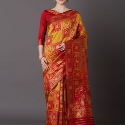 Mitera Mustard Yellow & Red Silk Blend Woven Design Kanjeevaram Saree-image-10