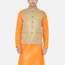 Wintage Men Gold Coloured Woven Design Nehru Jacket-16