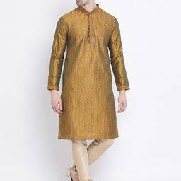 Sanwara Men Brown & Gold-Coloured Self Design Kurta with Churidar-image-89