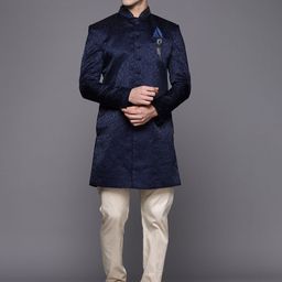 Manyavar Men Navy Blue & Off White Self Design Sherwani Set With Dupatta-11