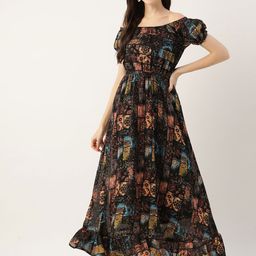 Deewa Black Floral Off-Shoulder Georgette Maxi Dress-image-81