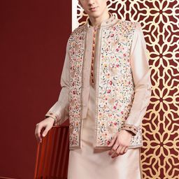 MANQ Ethnic Motifs Embroidered Sequinned Pure Cotton Kurta with Trousers & Nehru Jacket-image-68