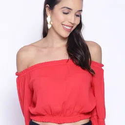 IX IMPRESSION Red Off-Shoulder Crepe Bardot Crop Top-picture-30