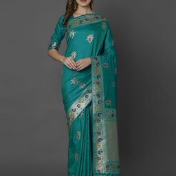 Mitera Turquoise Blue Silk Blend Woven Design Kanjeevaram Saree-image-50