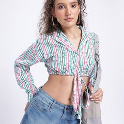 glitchez Sweet Serenity Multi-Stripes Printed Tie-Up Cropped Top-image-5
