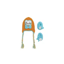 CHUTPUT Unisex Kids Brown Embroidered Beanie Cap & Socks-35