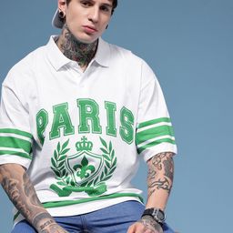 HERE&NOW Typography Printed Polo Collar Drop-Shoulder Sleeves Pure Cotton T-shirt-image-63