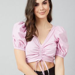 Athena Lavender Puff Sleeves Pure Cotton Fitted Crop Top-picture-8