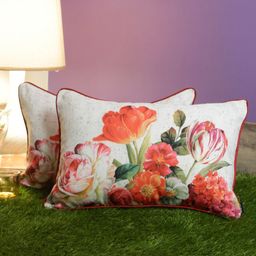 Soumya Red & White Set of 2 Floral Rectangle Cushion Covers-19