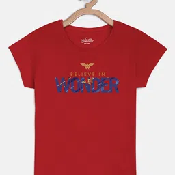 Kids Ville Girls Red Wonder Woman Printed Round Neck Cotton Pure Cotton T-shirt-image-91
