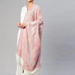 WEAVERS VILLA Women White & Pink Paisley Woven Design Shawl-picture-12