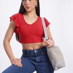 glitchez Subtly Textured Ribbed Flutter Sleeves Crop Fitted Top-1