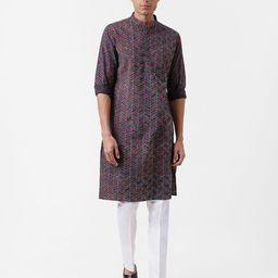Fabindia Men Navy Blue & Red Geometric Printed Kurta-3