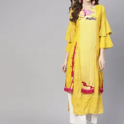 Pannkh Women Yellow & Pink Printed A-Line Kurta-image-98